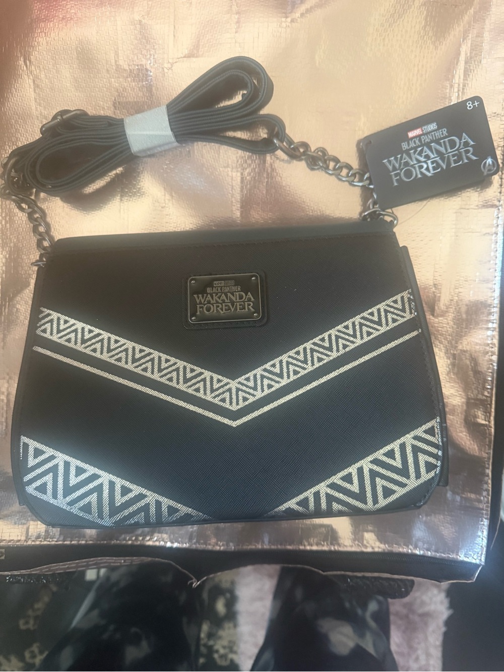 Marvel Black Crossbody Bag with Silver Tribal Accents